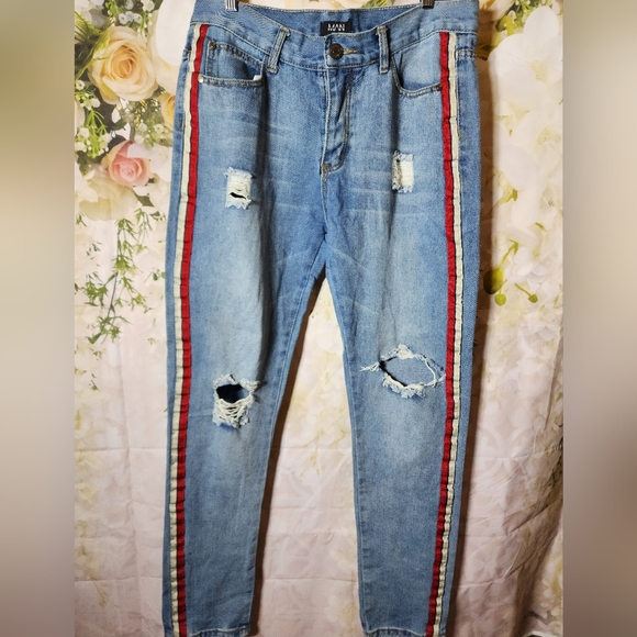 Boohoo Man Other - Boohoo Man Distressed Denim Jeans Red and Silver Stripe Size 32R